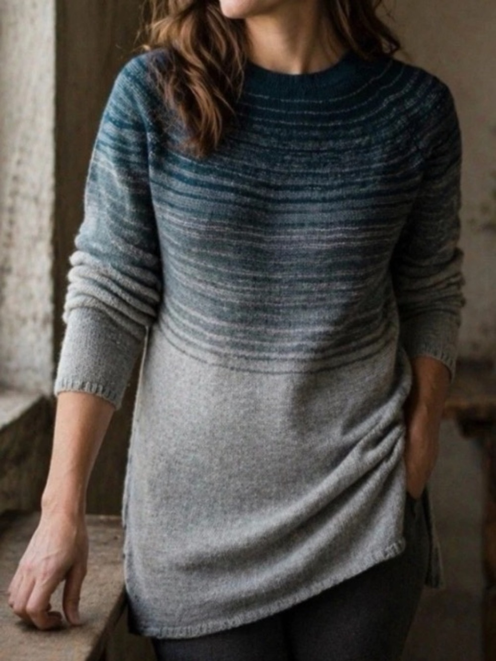 J. JILL Ombré Gradient Knit Long Sleeve Tunic Sweater in Teal/Grey - M